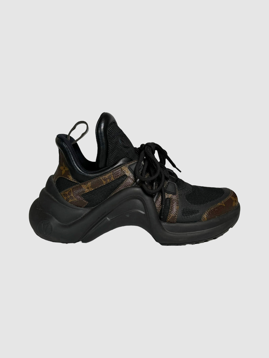 Louis Vuitton "LV Archlight" Lace-Up Sneakers in Black and Brown Leather Monogram Trim Secondhand Luxury Thrift Designer