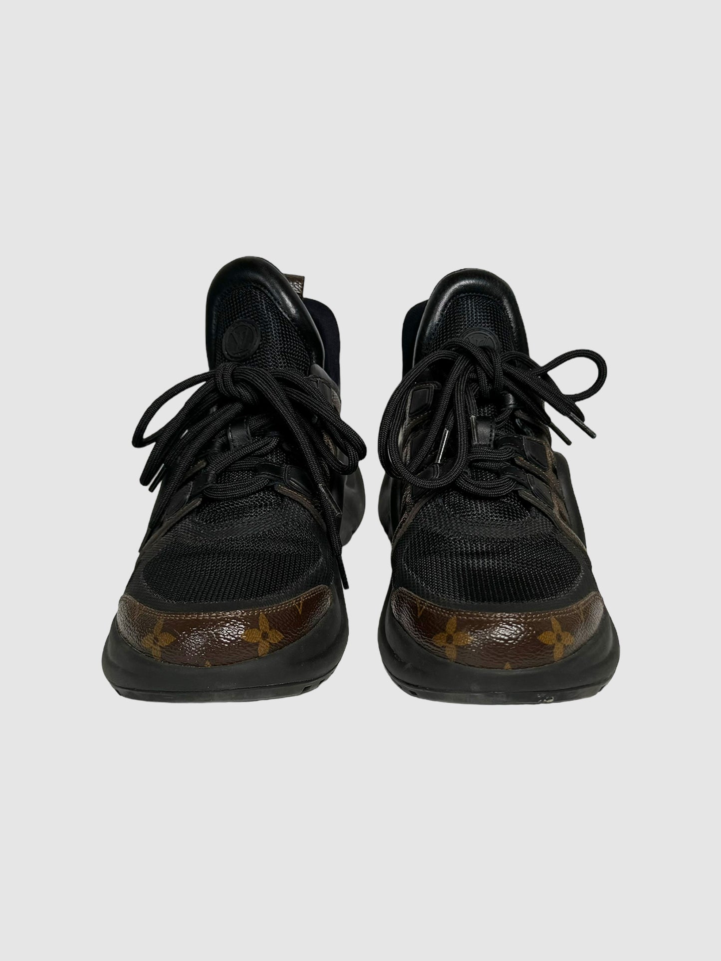 Louis Vuitton "LV Archlight" Lace-Up Sneakers in Black and Brown Leather Monogram Trim Secondhand Luxury Thrift Designer