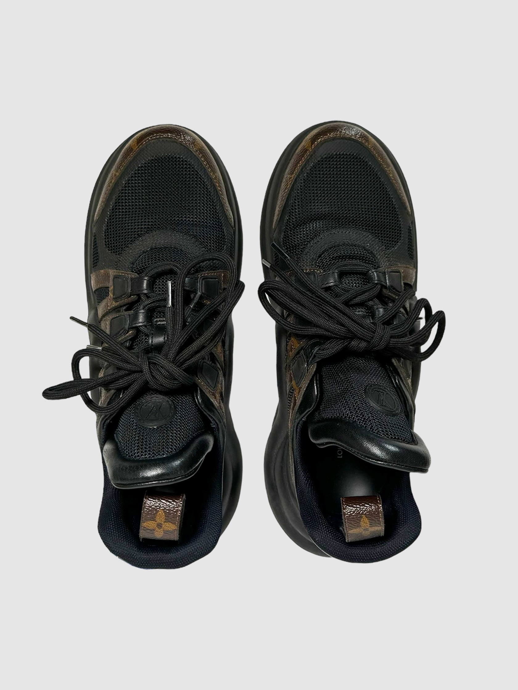Louis Vuitton "LV Archlight" Lace-Up Sneakers in Black and Brown Leather Monogram Trim Secondhand Luxury Thrift Designer