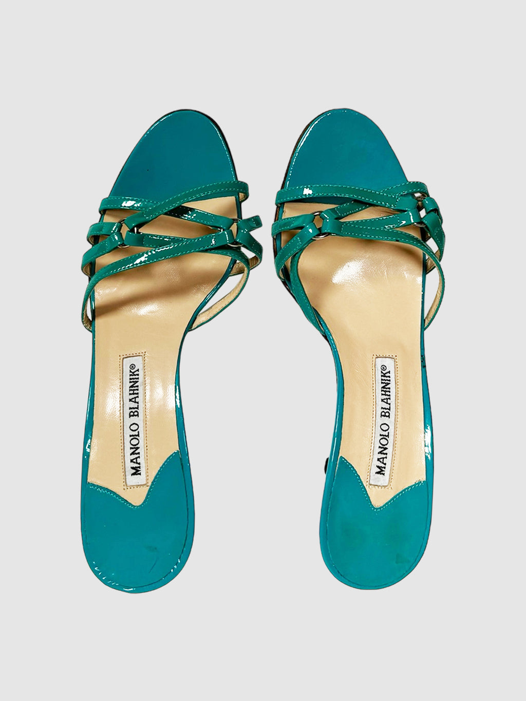  Manolo Blahnik Teal Patent Leather Sandals Size 36.5 Consignment Secondhand Designer Luxury Resale Toronto Trendy