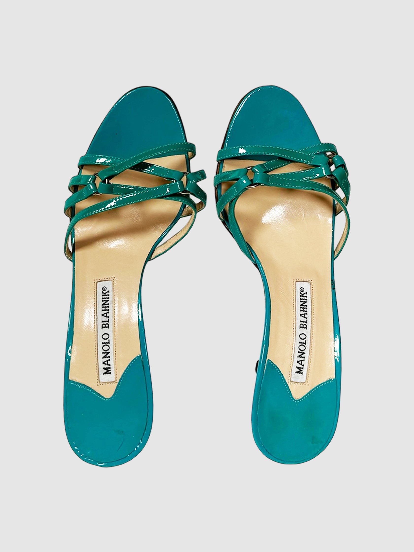  Manolo Blahnik Teal Patent Leather Sandals Size 36.5 Consignment Secondhand Designer Luxury Resale Toronto Trendy