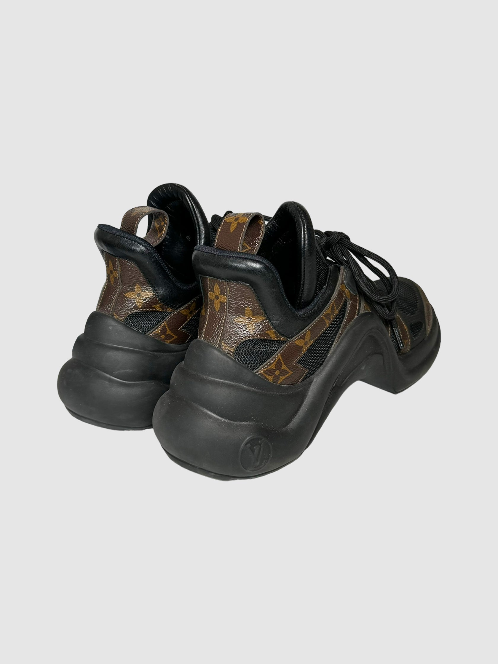 Louis Vuitton "LV Archlight" Lace-Up Sneakers in Black and Brown Leather Monogram Trim Secondhand Luxury Thrift Designer