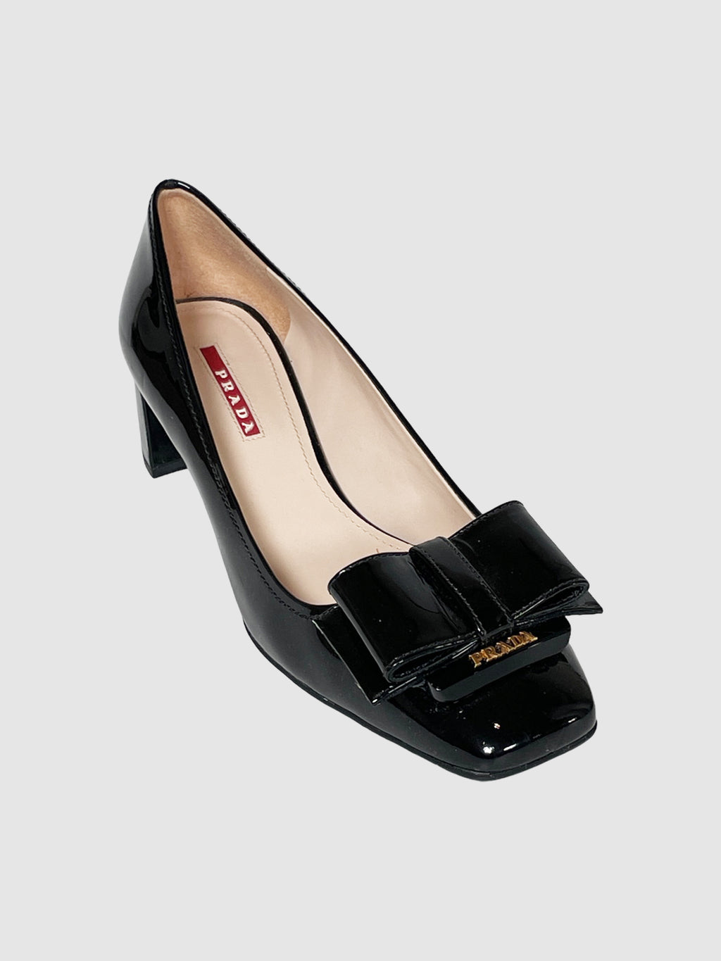 Prada Patent Leather Block Heel Pumps with Bow - Size 8.5