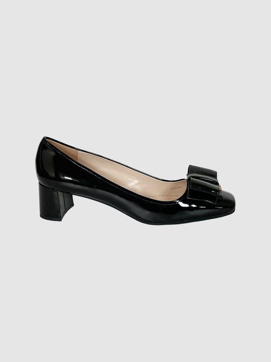Prada Patent Leather Block Heel Pumps with Bow - Size 8.5