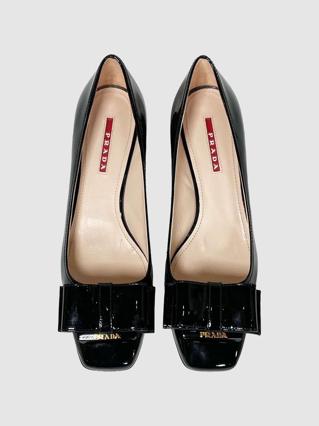 Prada Patent Leather Block Heel Pumps with Bow - Size 8.5