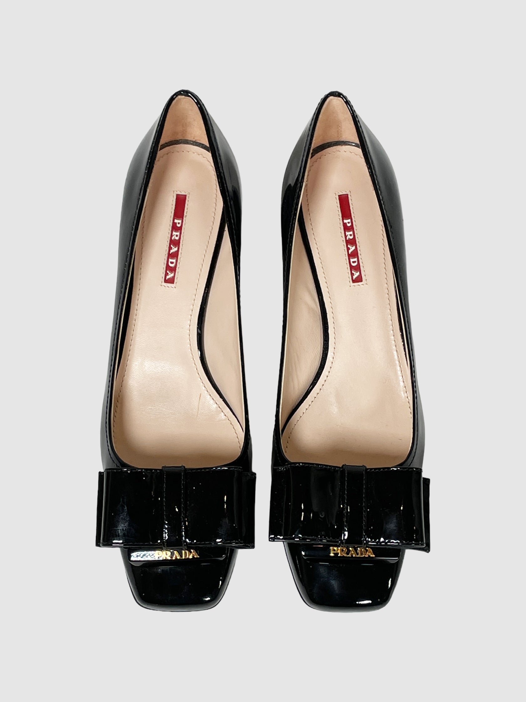 Prada Patent Leather Block Heel Pumps with Bow - Size 8.5