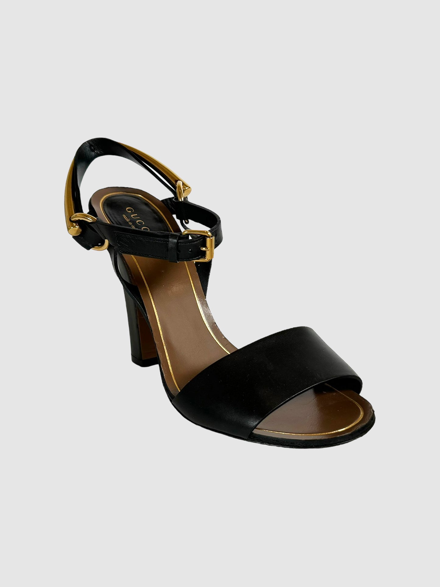 Gucci Black Leather Strappy Sandals with Gold-Tone Buckle Design on Ankle Designer Thrift Luxury Consignment