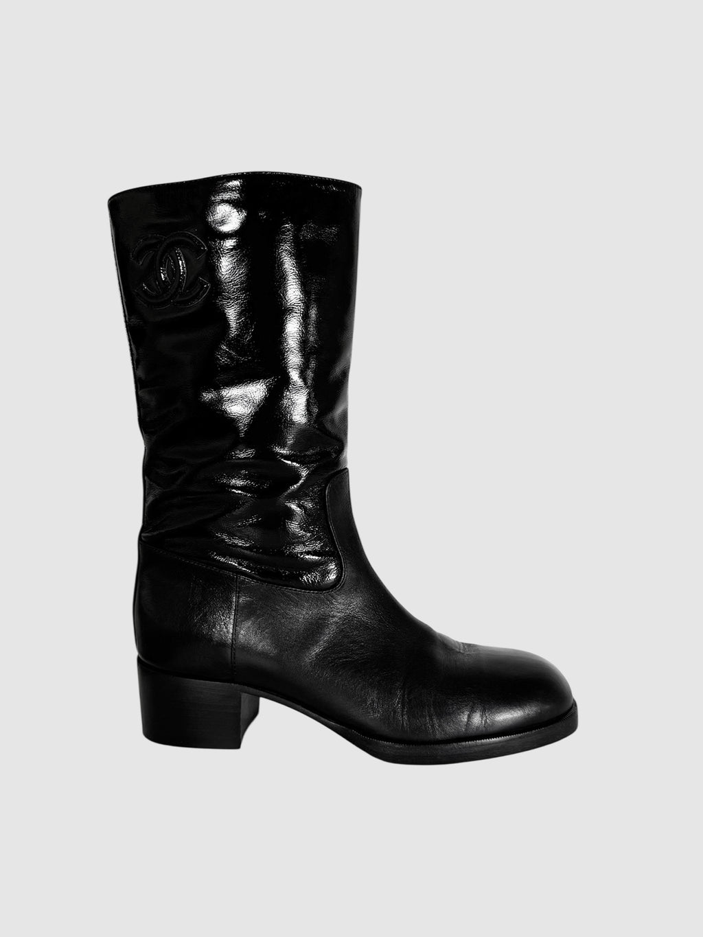 Chanel 2021 Black CC Leather Moto Boots, Size 38 luxury designer resale consignment secondhand toronto canada