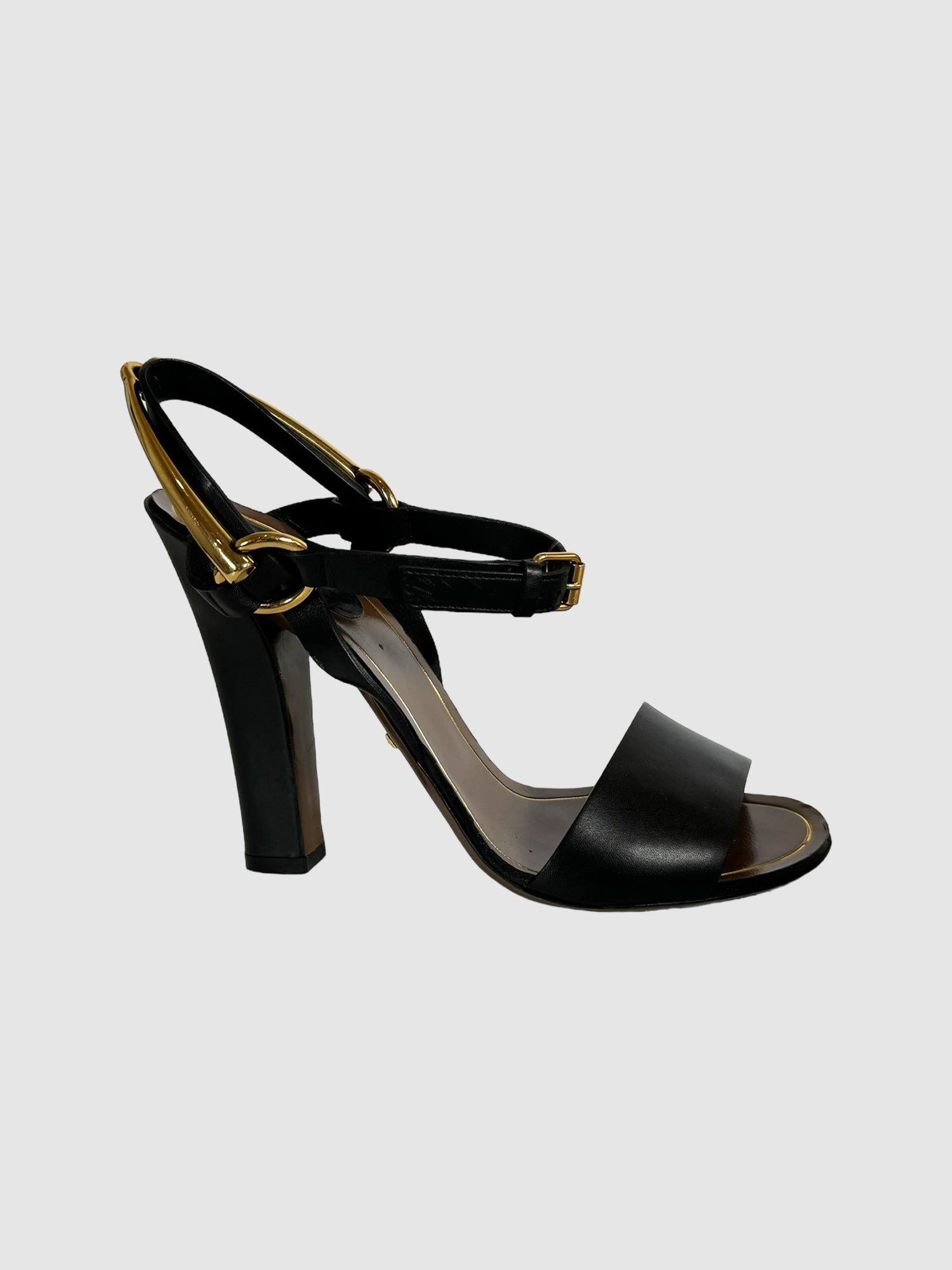 Gucci Black Leather Strappy Sandals with Gold-Tone Buckle Design on Ankle Designer Thrift Luxury Consignment