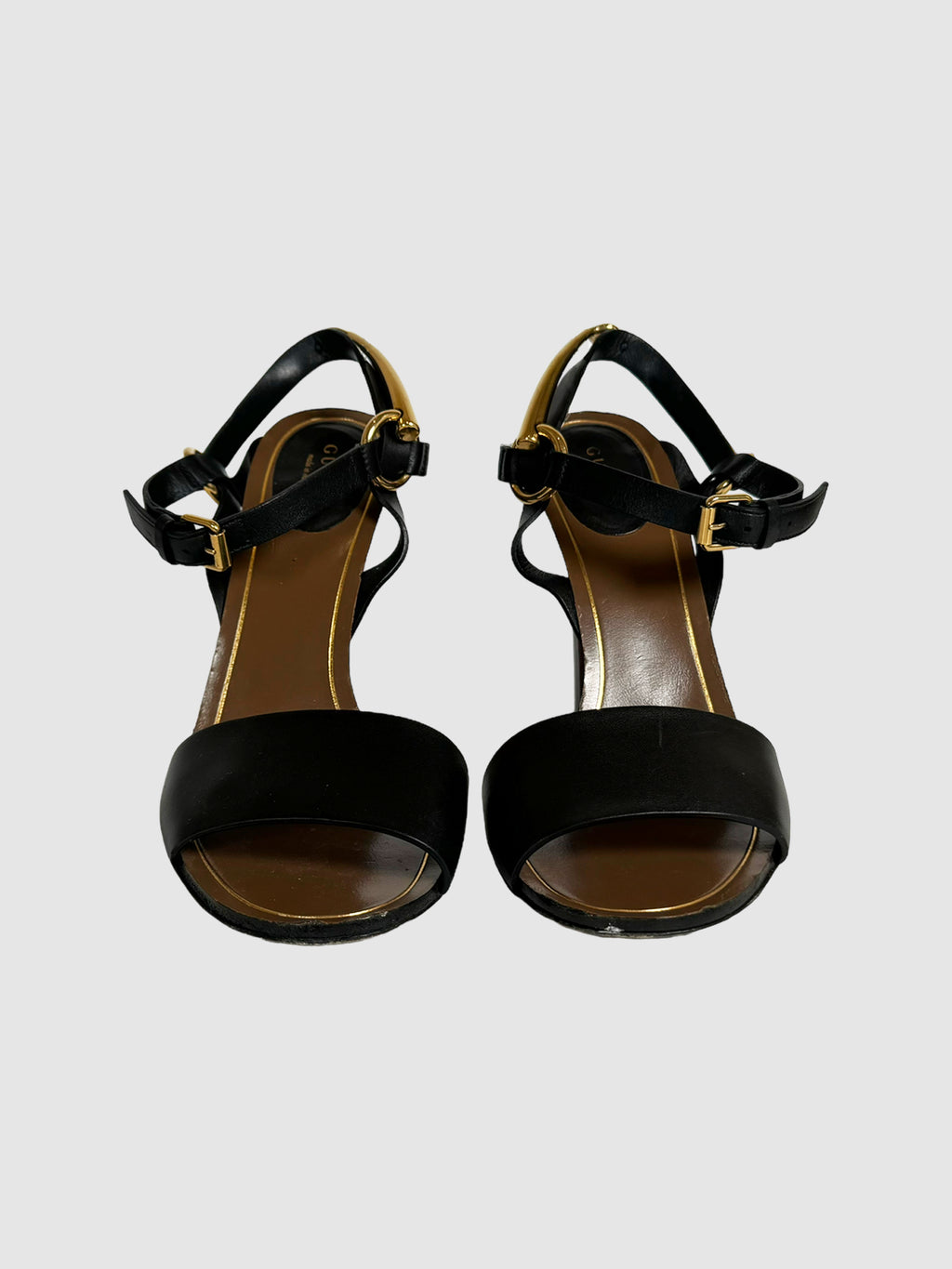 Gucci Black Leather Strappy Sandals with Gold-Tone Buckle Design on Ankle Designer Thrift Luxury Consignment