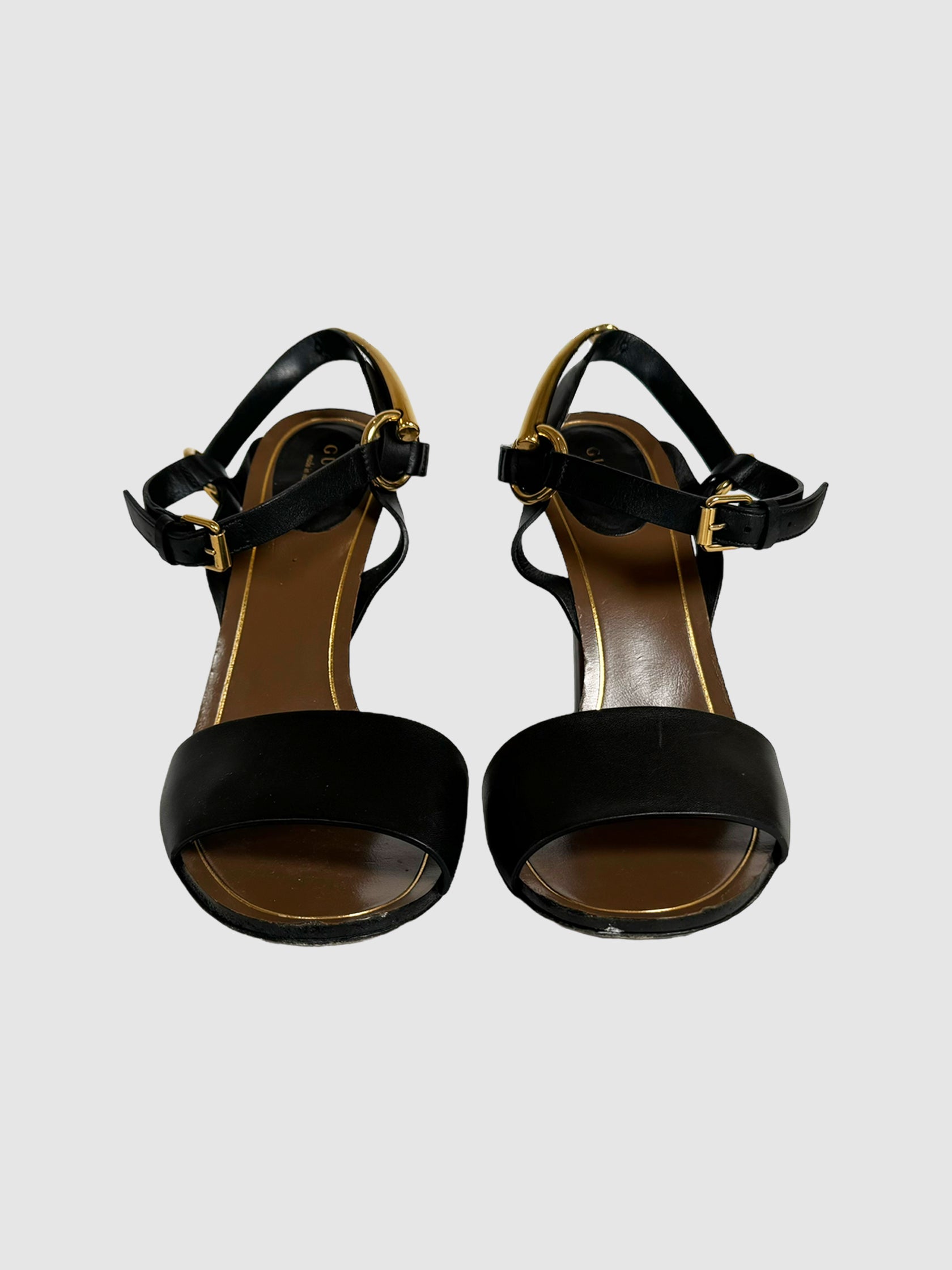 Gucci Black Leather Strappy Sandals with Gold-Tone Buckle Design on Ankle Designer Thrift Luxury Consignment
