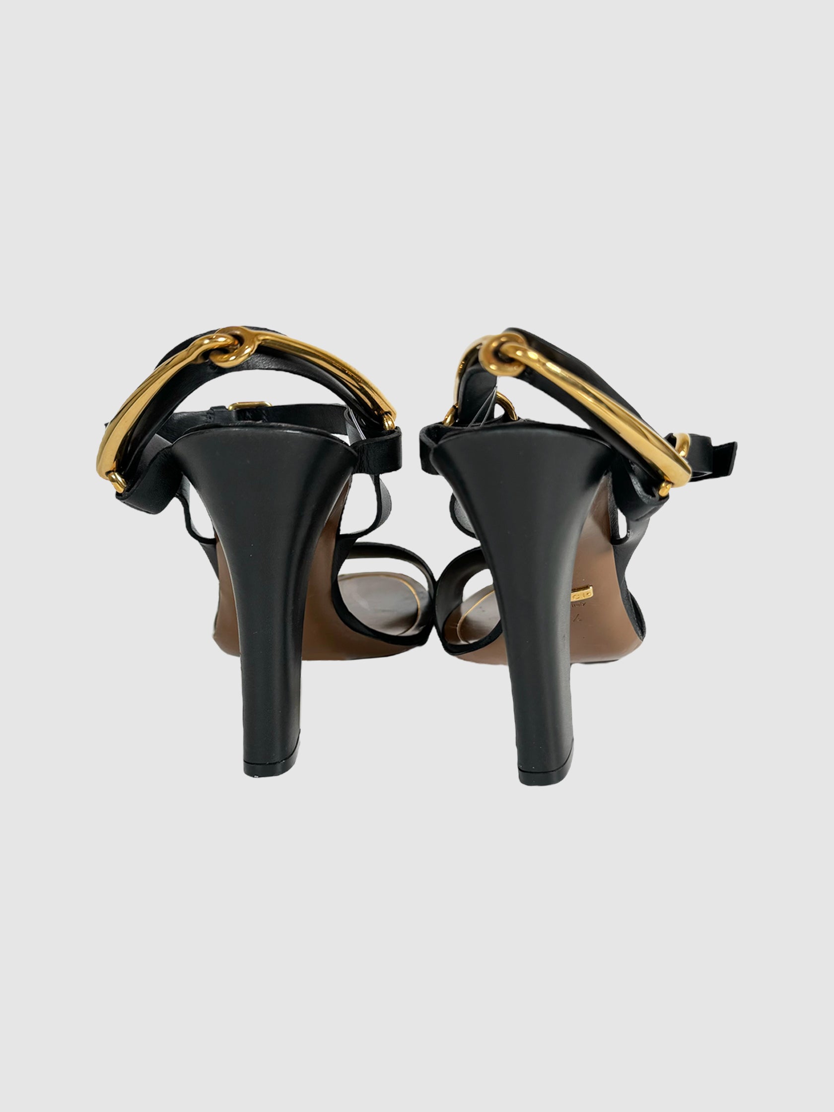 Gucci Black Leather Strappy Sandals with Gold-Tone Buckle Design on Ankle Designer Thrift Luxury Consignment