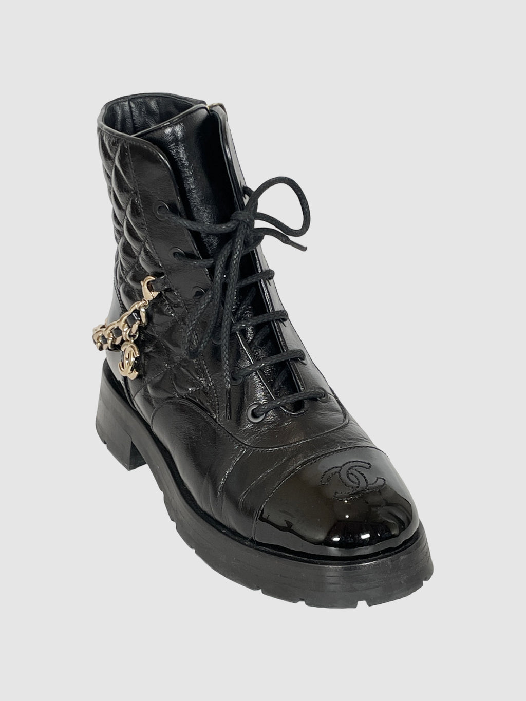 Quilted Patent Leather Combat Boots - Size 37