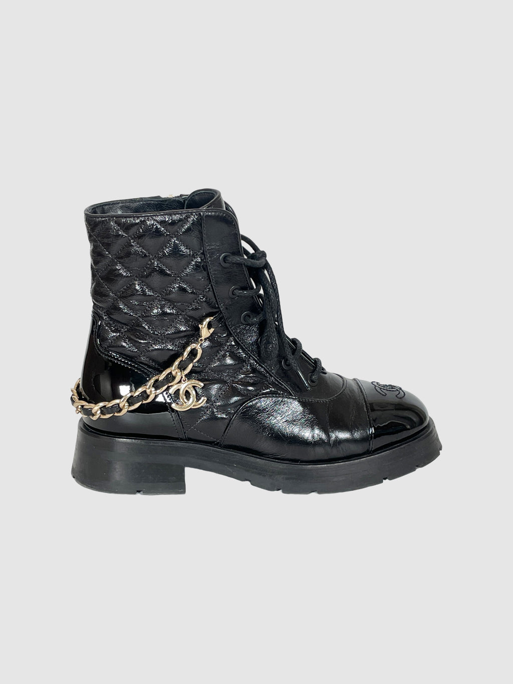 Quilted Patent Leather Combat Boots - Size 37