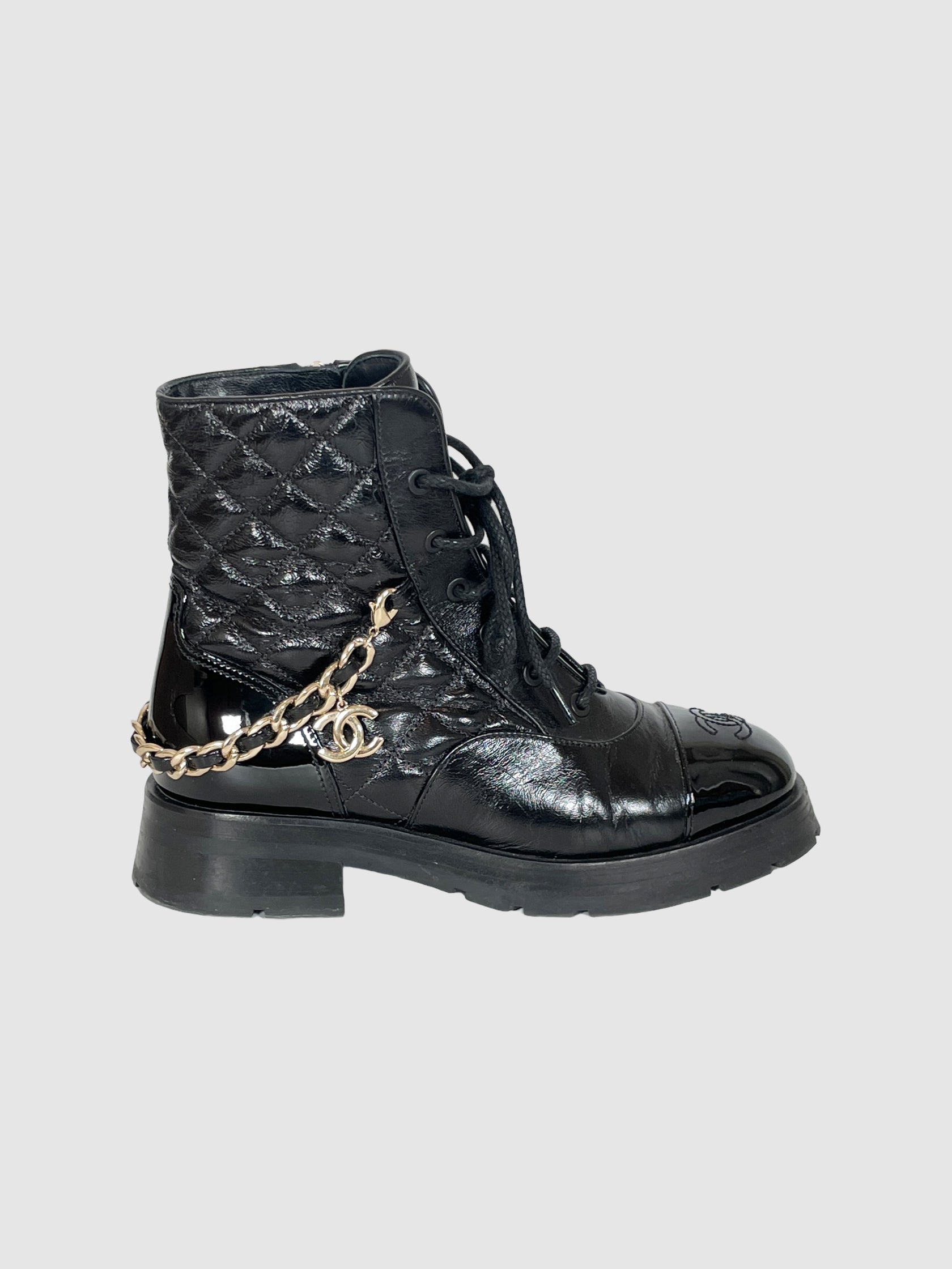 Quilted Patent Leather Combat Boots - Size 37