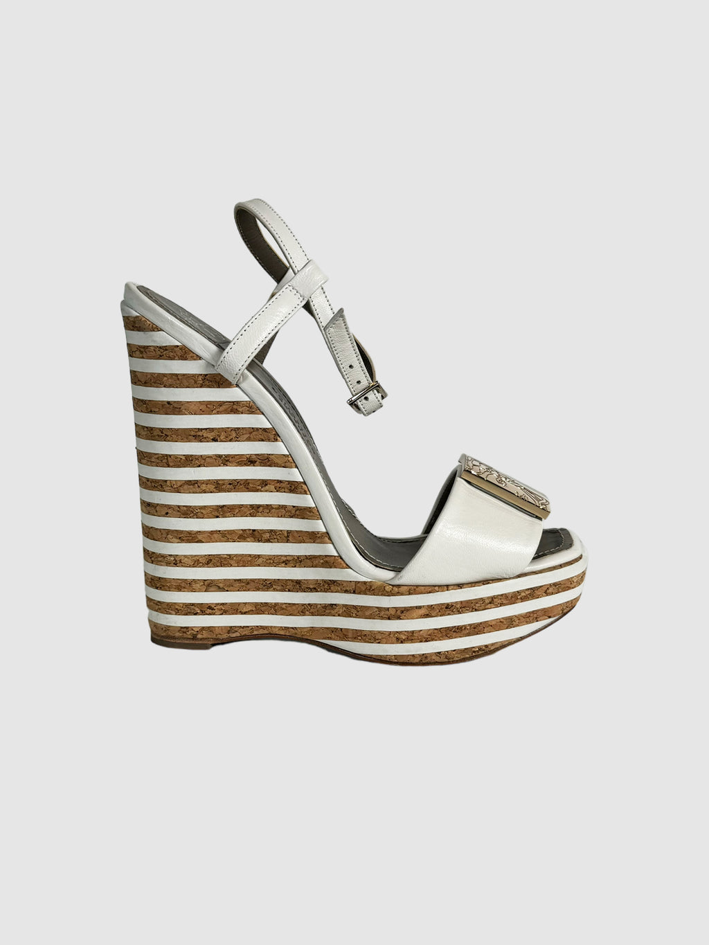 Versace White Leather Stripe Platform Wedge Sandals with Adjustable Ankle Straps