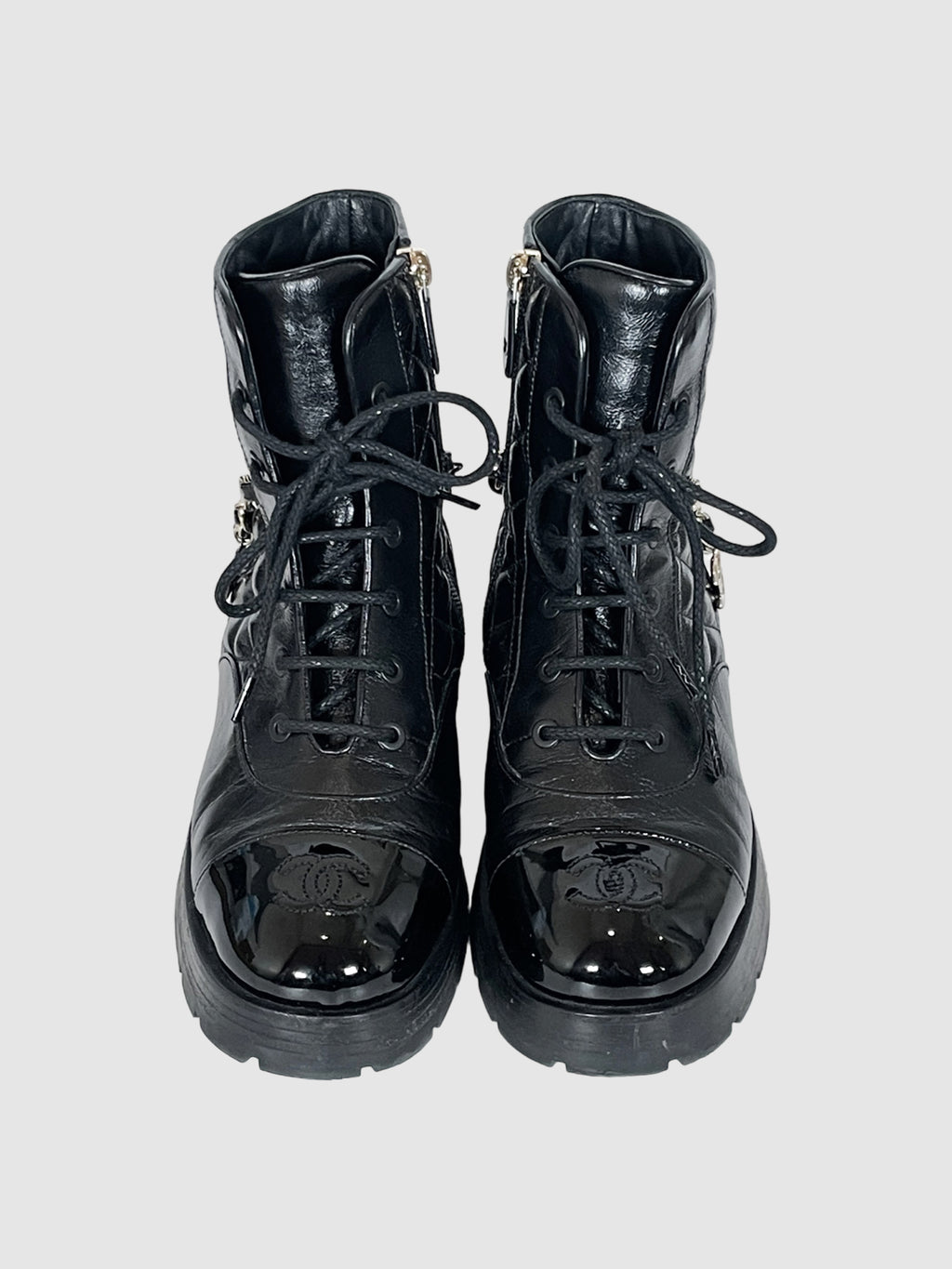 Quilted Patent Leather Combat Boots - Size 37