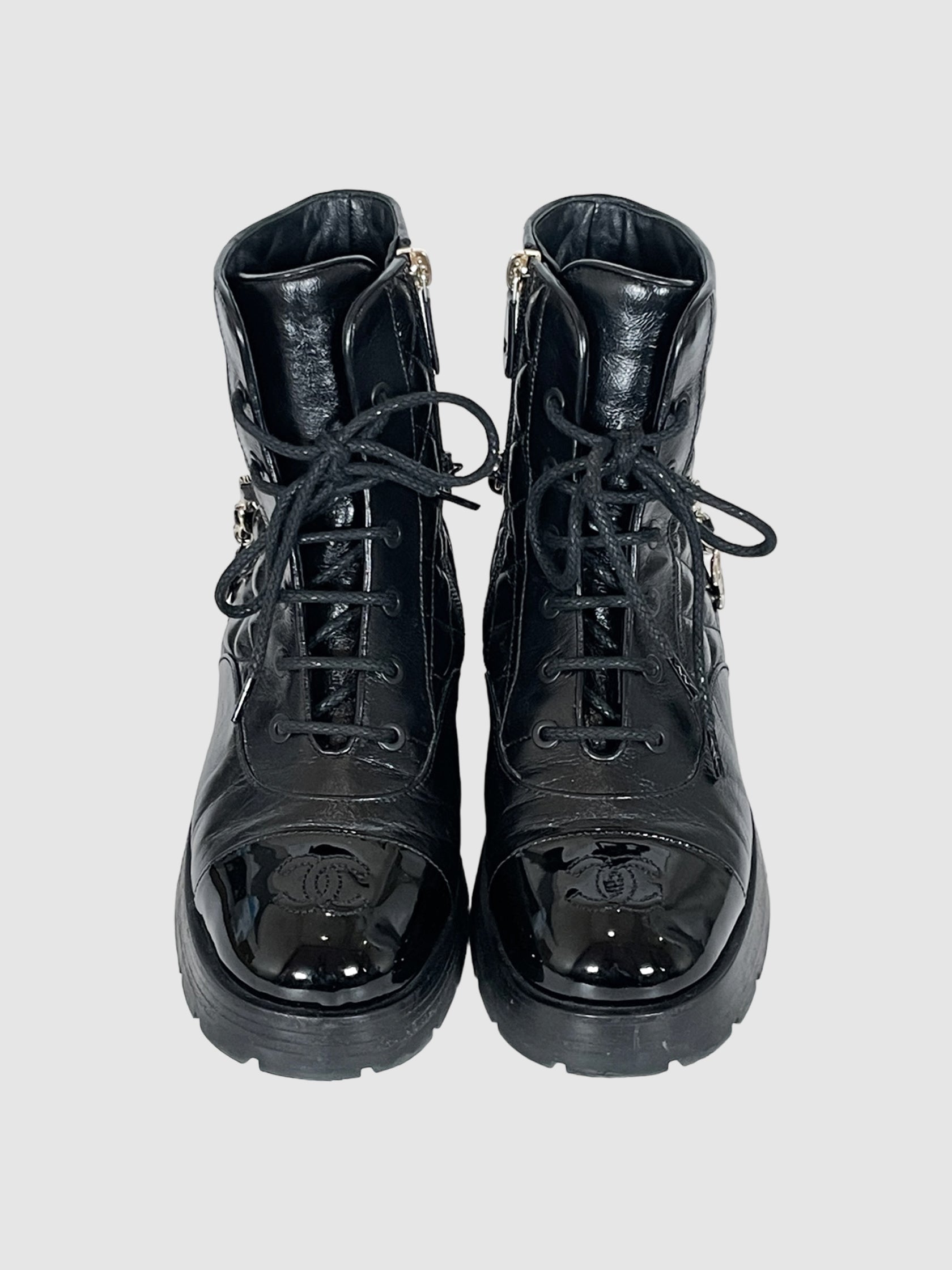 Quilted Patent Leather Combat Boots - Size 37