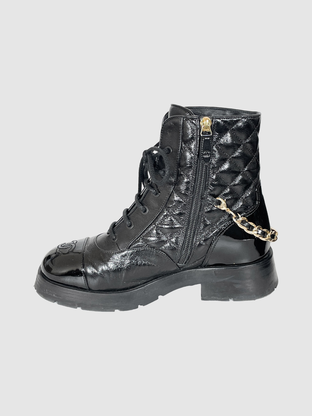 Quilted Patent Leather Combat Boots - Size 37