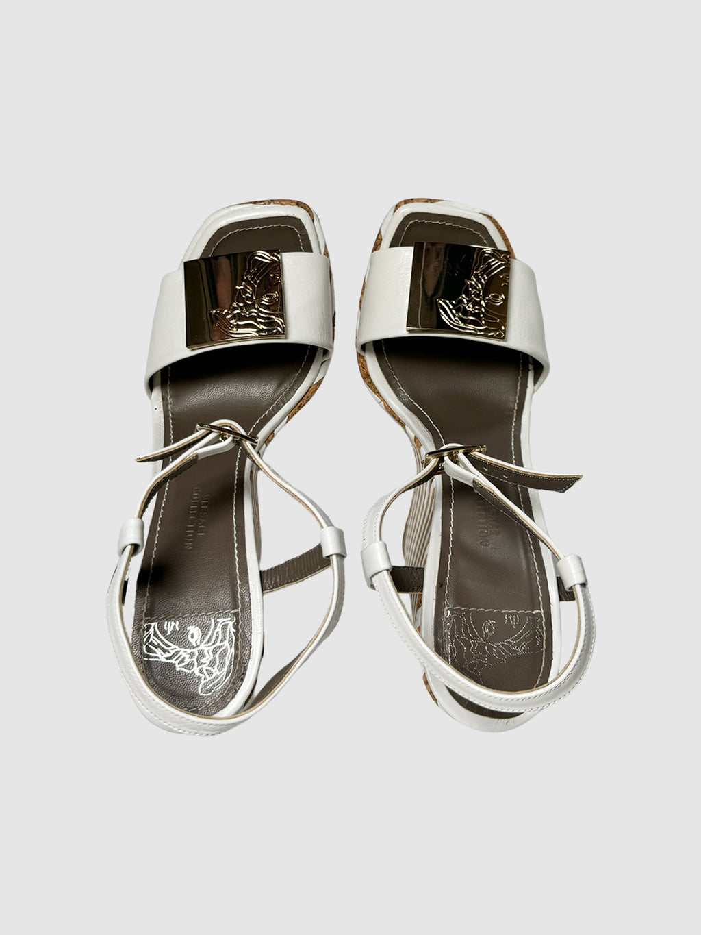 Versace White Leather Stripe Platform Wedge Sandals with Adjustable Ankle Straps