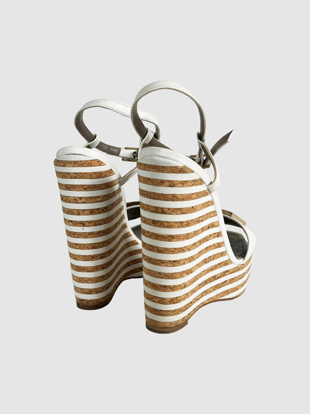 Versace White Leather Stripe Platform Wedge Sandals with Adjustable Ankle Straps
