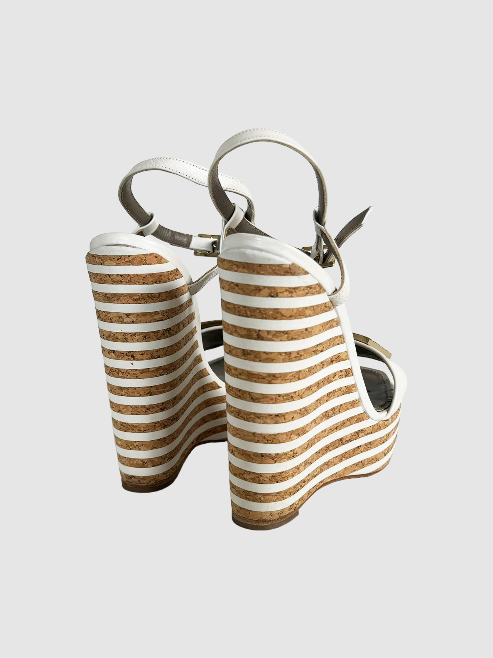 Versace White Leather Stripe Platform Wedge Sandals with Adjustable Ankle Straps