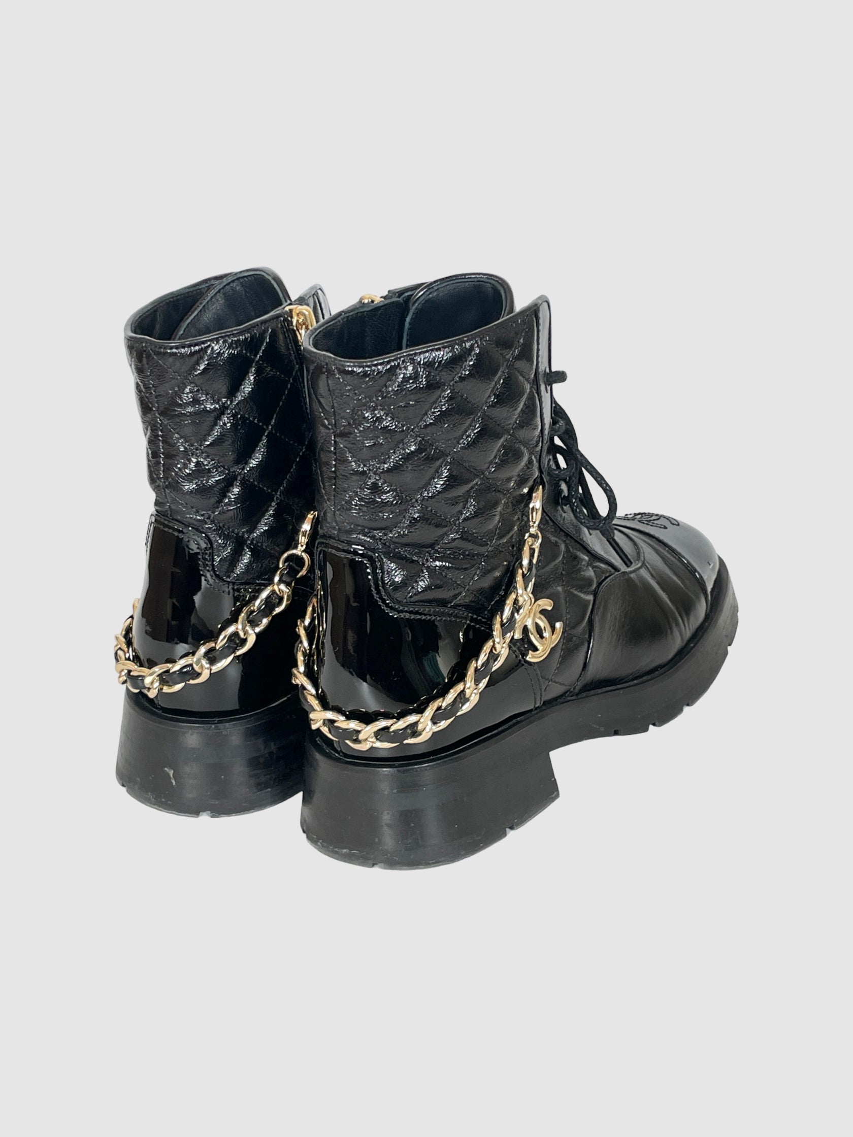 Quilted Patent Leather Combat Boots - Size 37