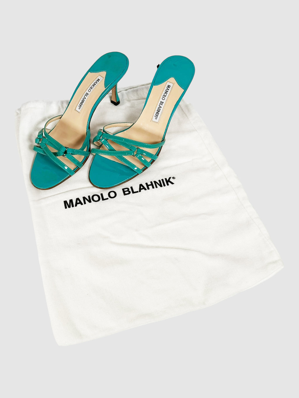Manolo Blahnik Teal Patent Leather Sandals Size 36.5 Consignment Secondhand Designer Luxury Resale Toronto Trendy
