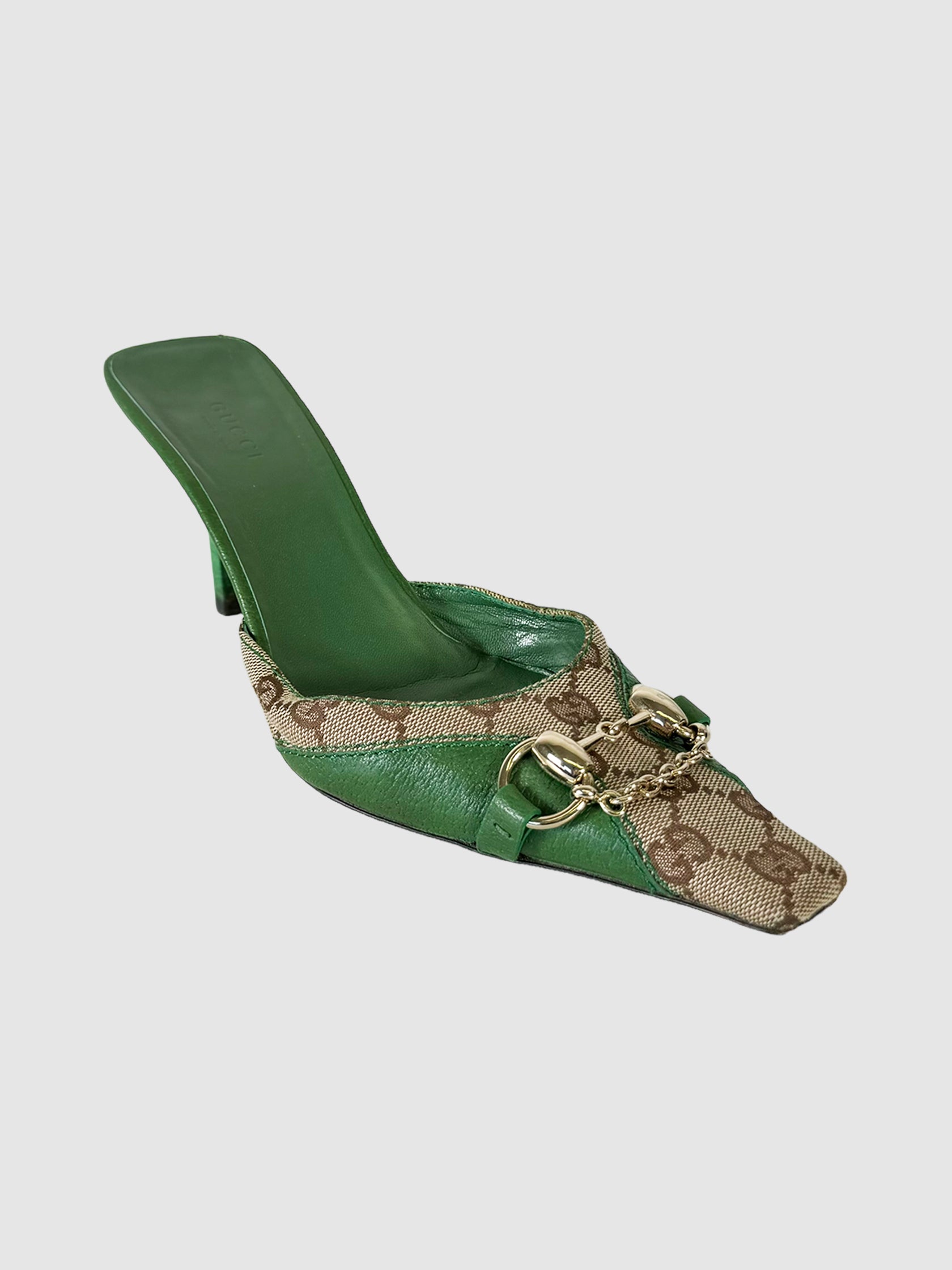 Horsebit Monogram Pointed Mules - Size 8