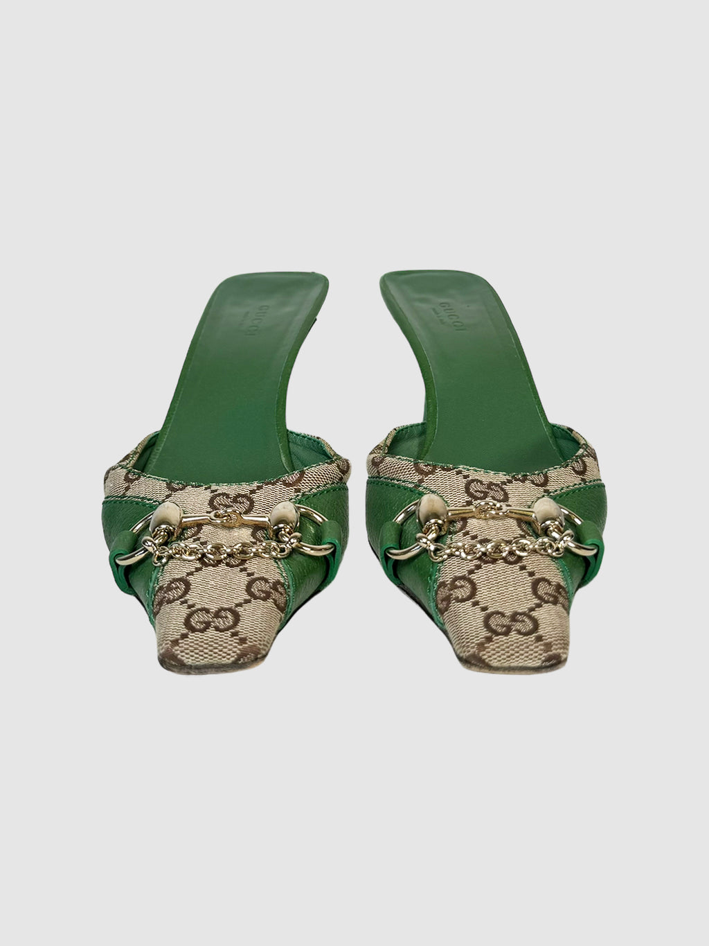 Horsebit Monogram Pointed Mules - Size 8