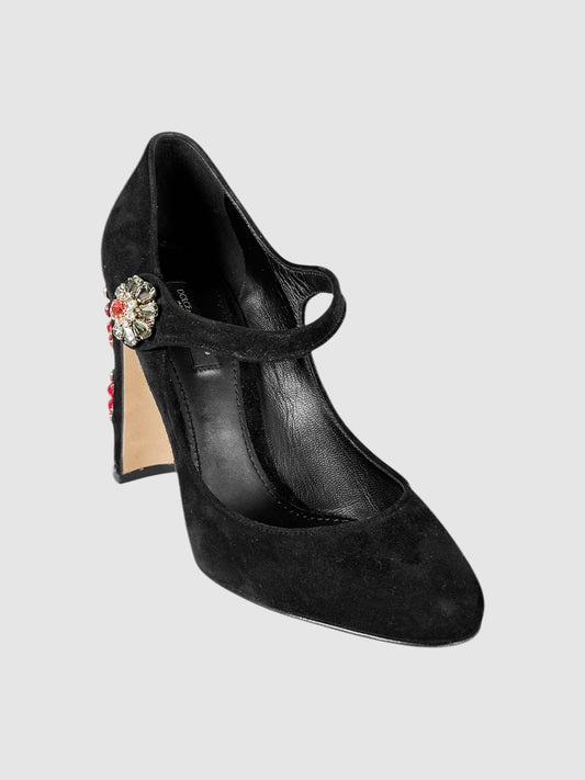 Embellished Suede Mary Jane Pumps - Size 37