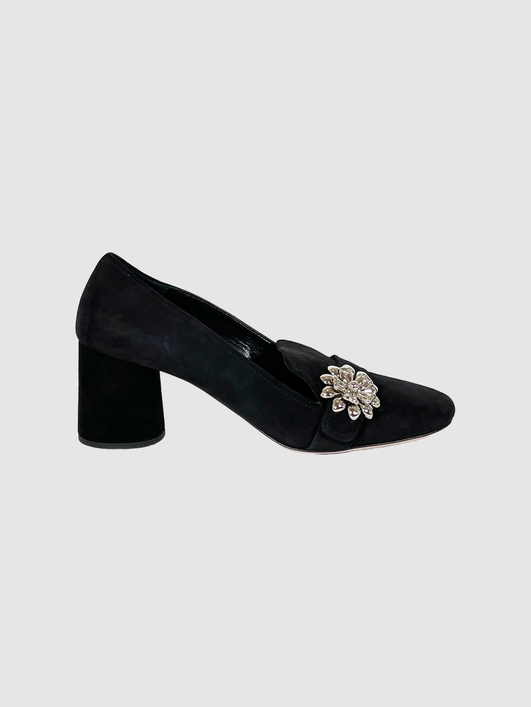 Flower Embellished Suede Pumps - Size 8.5