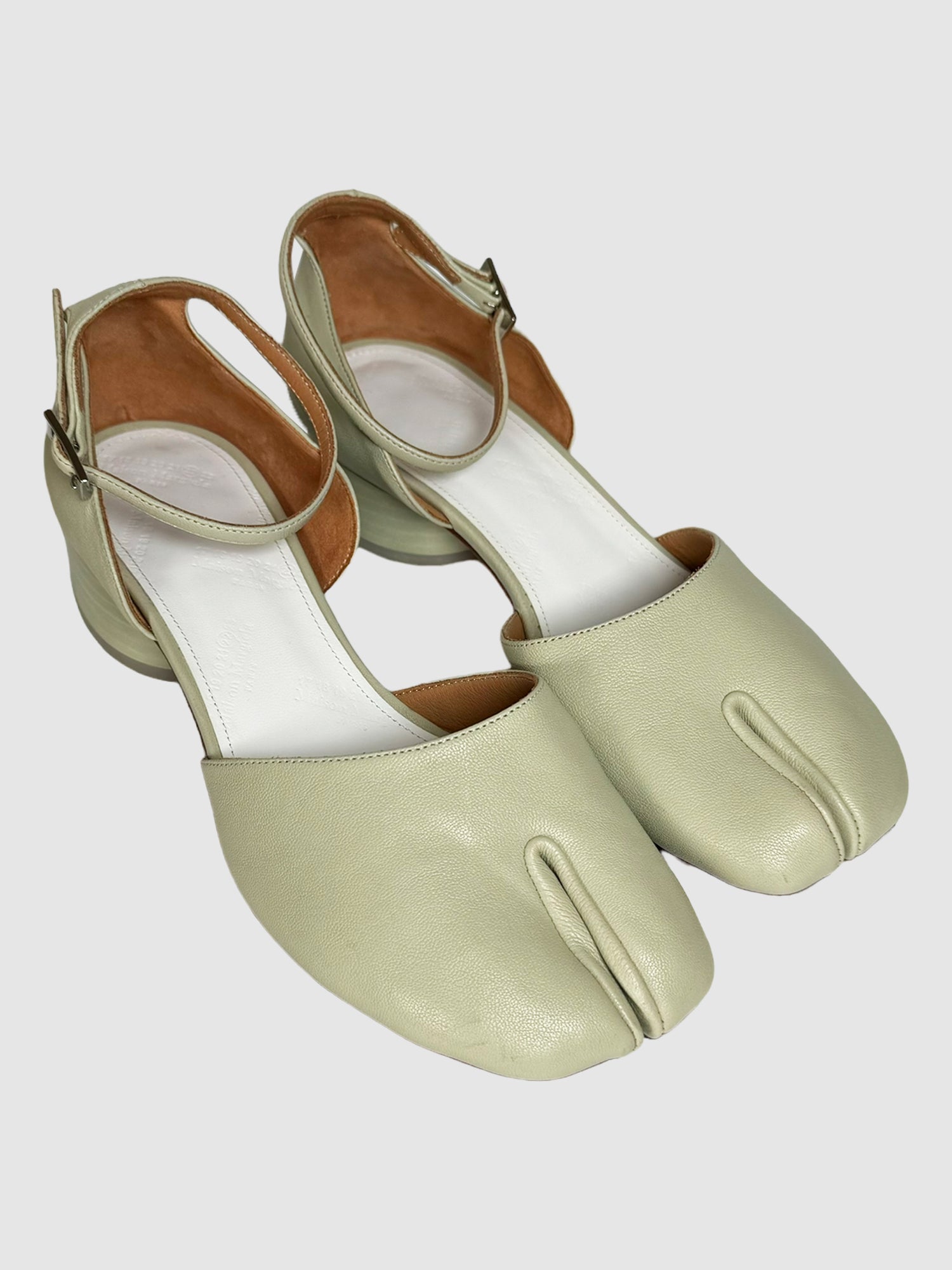 Maison Margiela Mint Green Tabi Ankle Strap Block Heel Sandals Consignment Luxury Presale Secondhand