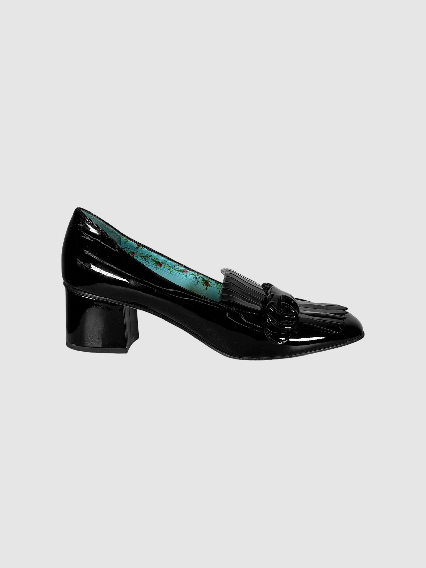 Gucci Black Patent Leather Fringe Marmont GG Loafer Pumps, Size 42