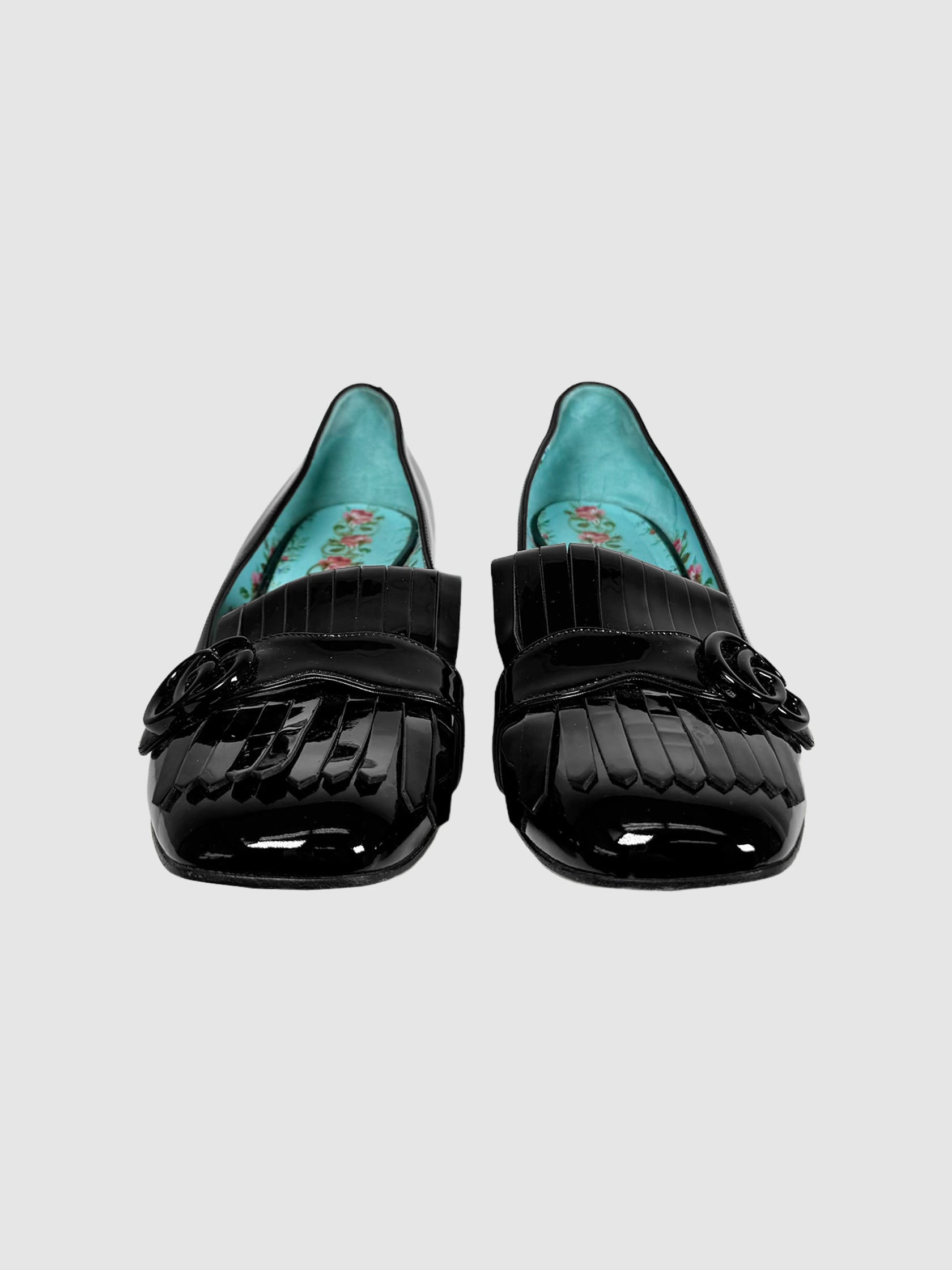 Gucci Black Patent Leather Fringe Marmont GG Loafer Pumps, Size 42