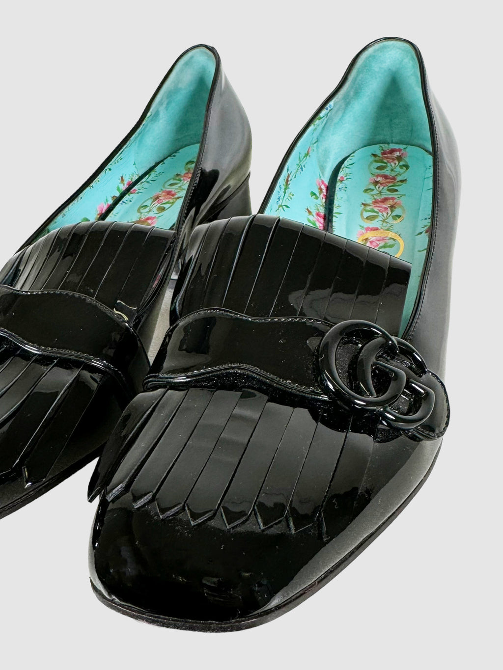 Gucci Black Patent Leather Fringe Marmont GG Loafer Pumps, Size 42