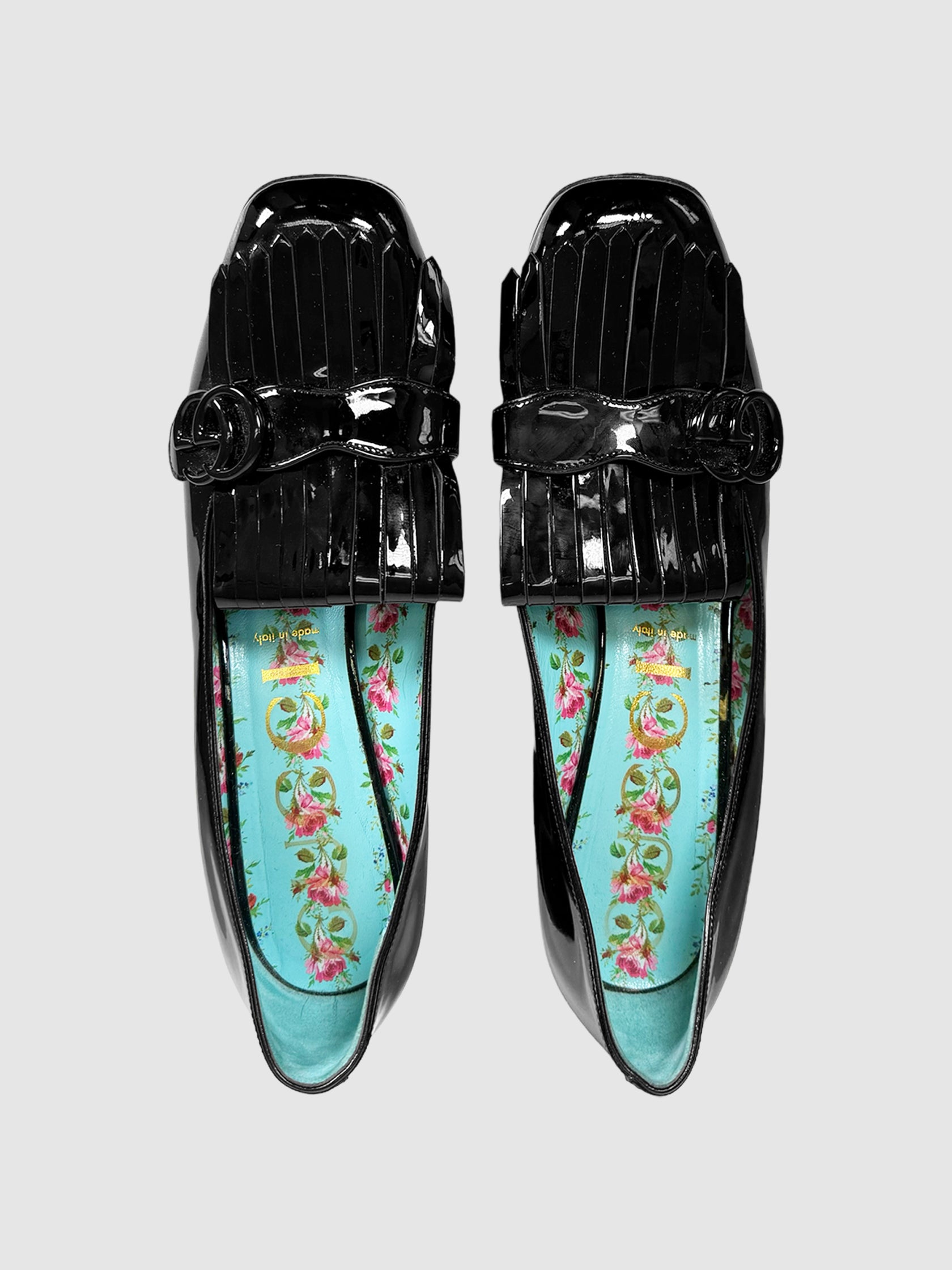 Gucci Black Patent Leather Fringe Marmont GG Loafer Pumps, Size 42