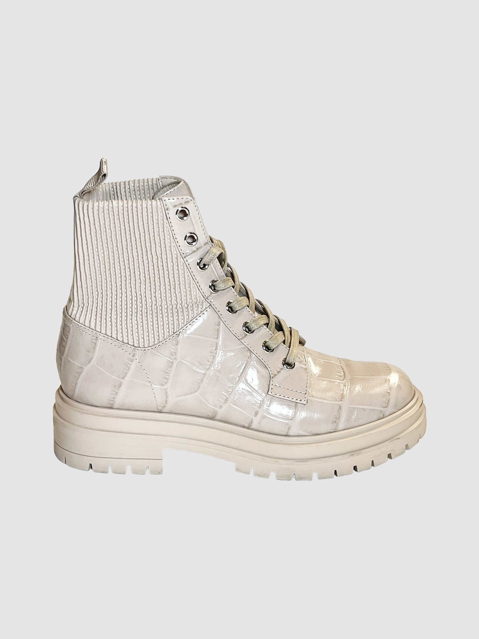 Gianvito Rossi Beige Croc Embossed Lace-Up Combat Boots