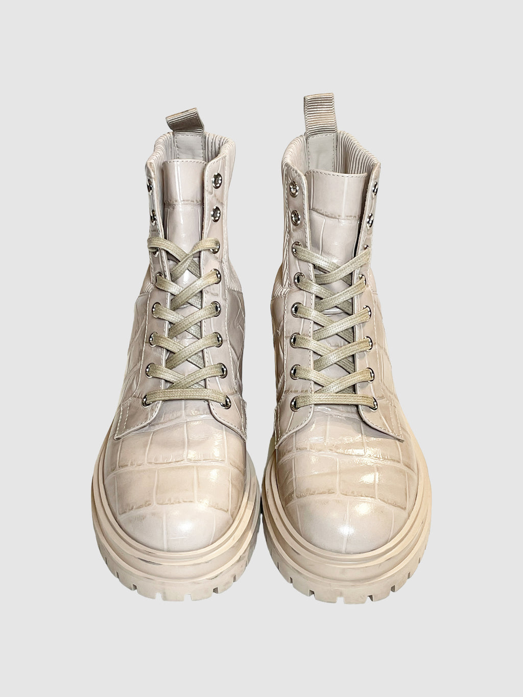 Gianvito Rossi Beige Croc Embossed Lace-Up Combat Boots