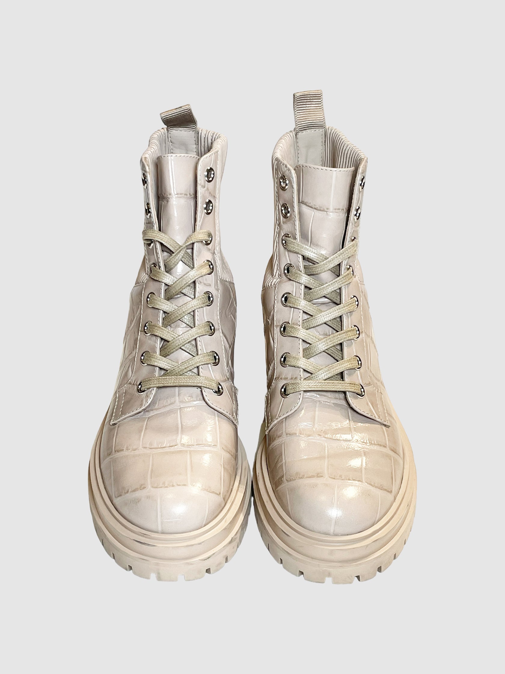 Gianvito Rossi Beige Croc Embossed Lace-Up Combat Boots