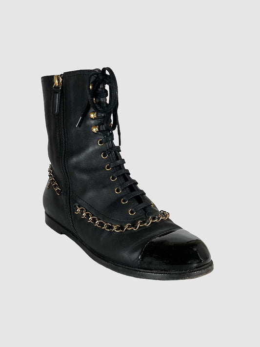 Chanel Chain-Link Accent Leather Combat Boots - Size 37.5