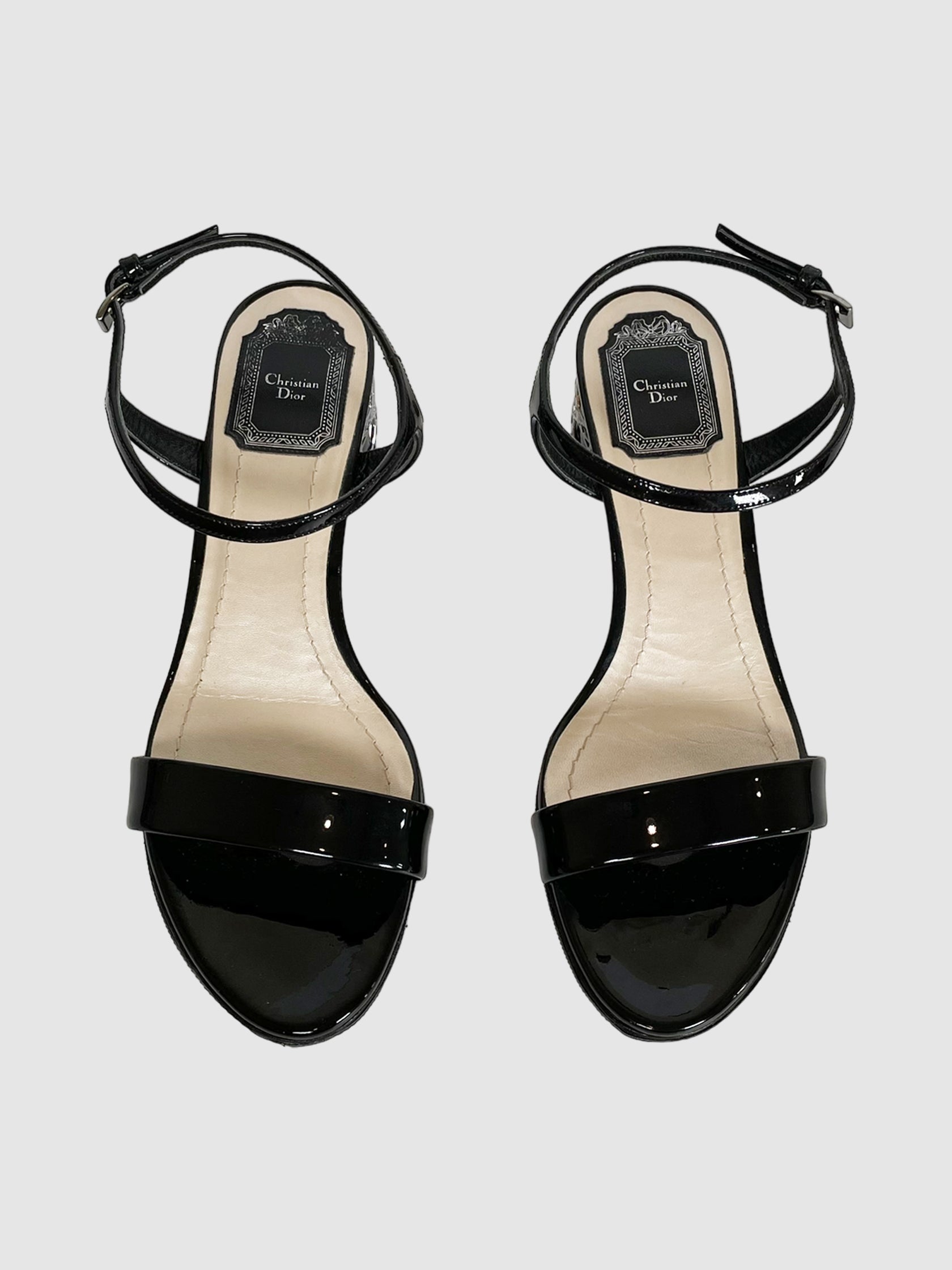 Patent Leather Block Heel Sandals - Size 8