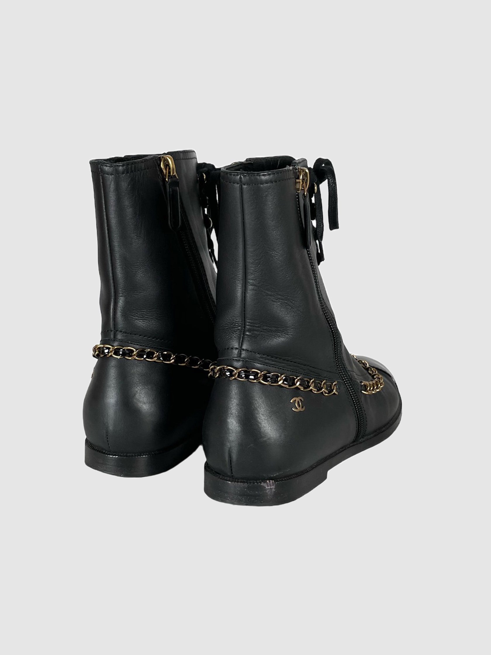 Chain-Link Leather Combat Boots - Size 37.5