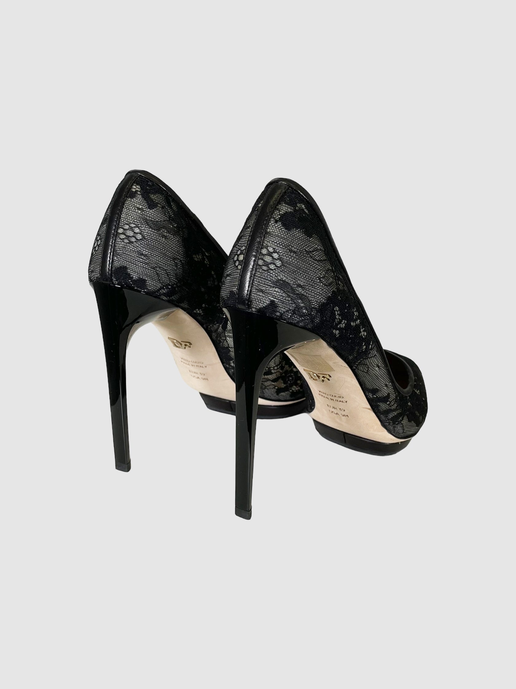 Diane von Furstenberg Black Lace Pointed Toe Pumps - Size 8.5