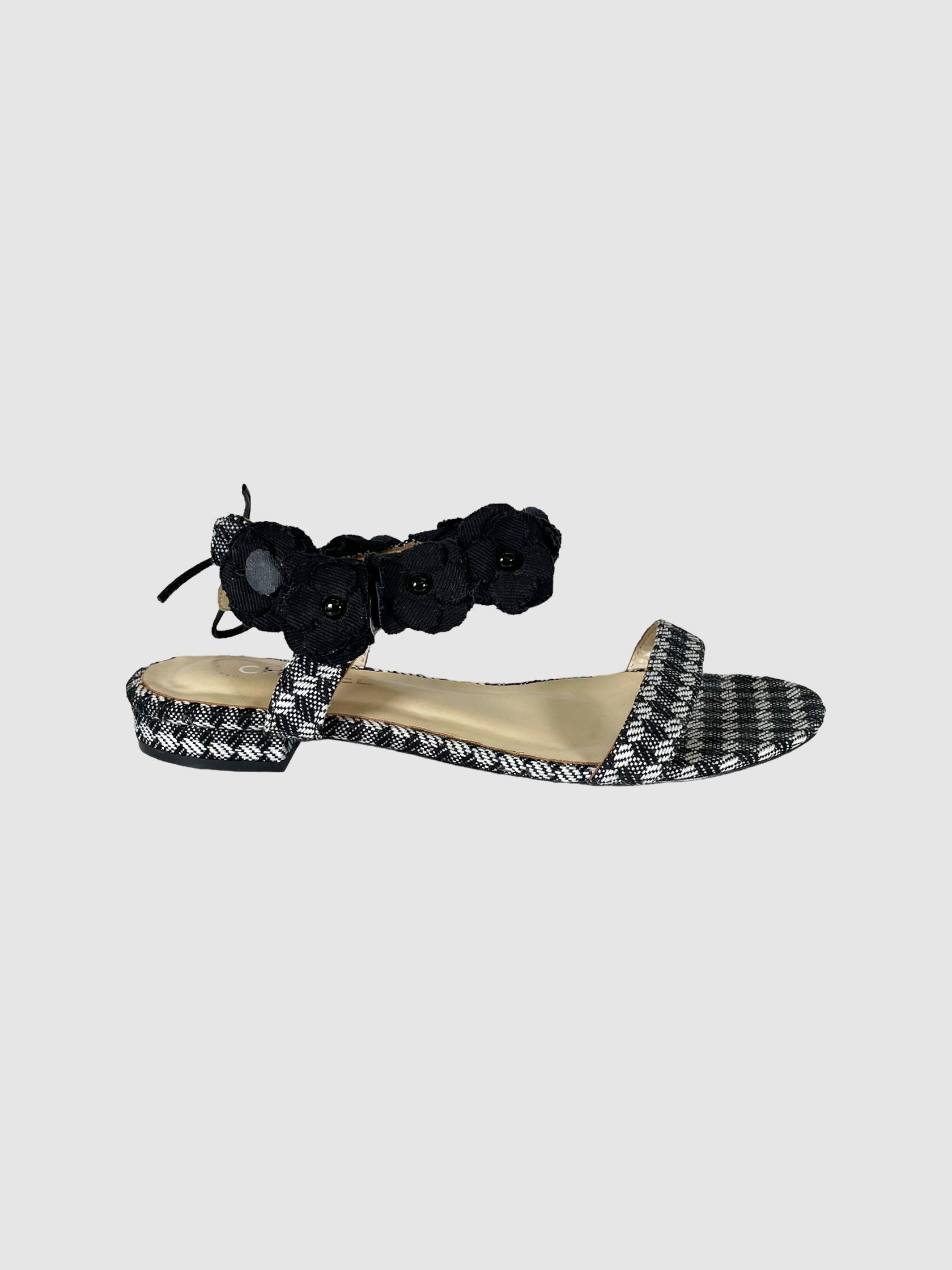 Houndstooth Floral Ankle Strap Sandals - Size 39