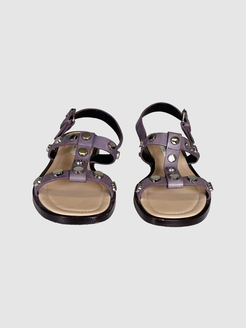 Balenciaga Leather Studded Accent T-Strap Sandals - Size 38