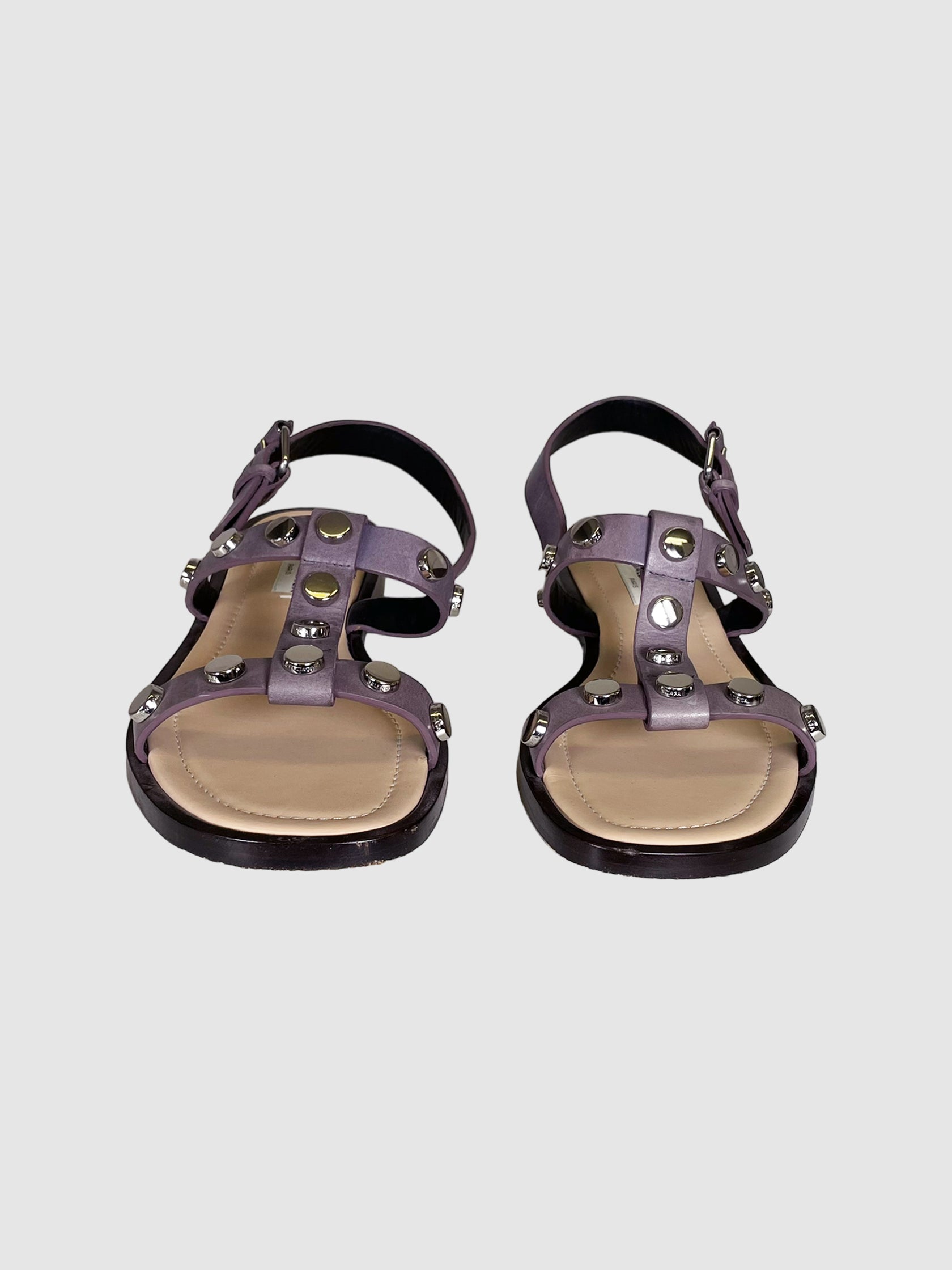 Balenciaga Leather Studded Accent T-Strap Sandals - Size 38