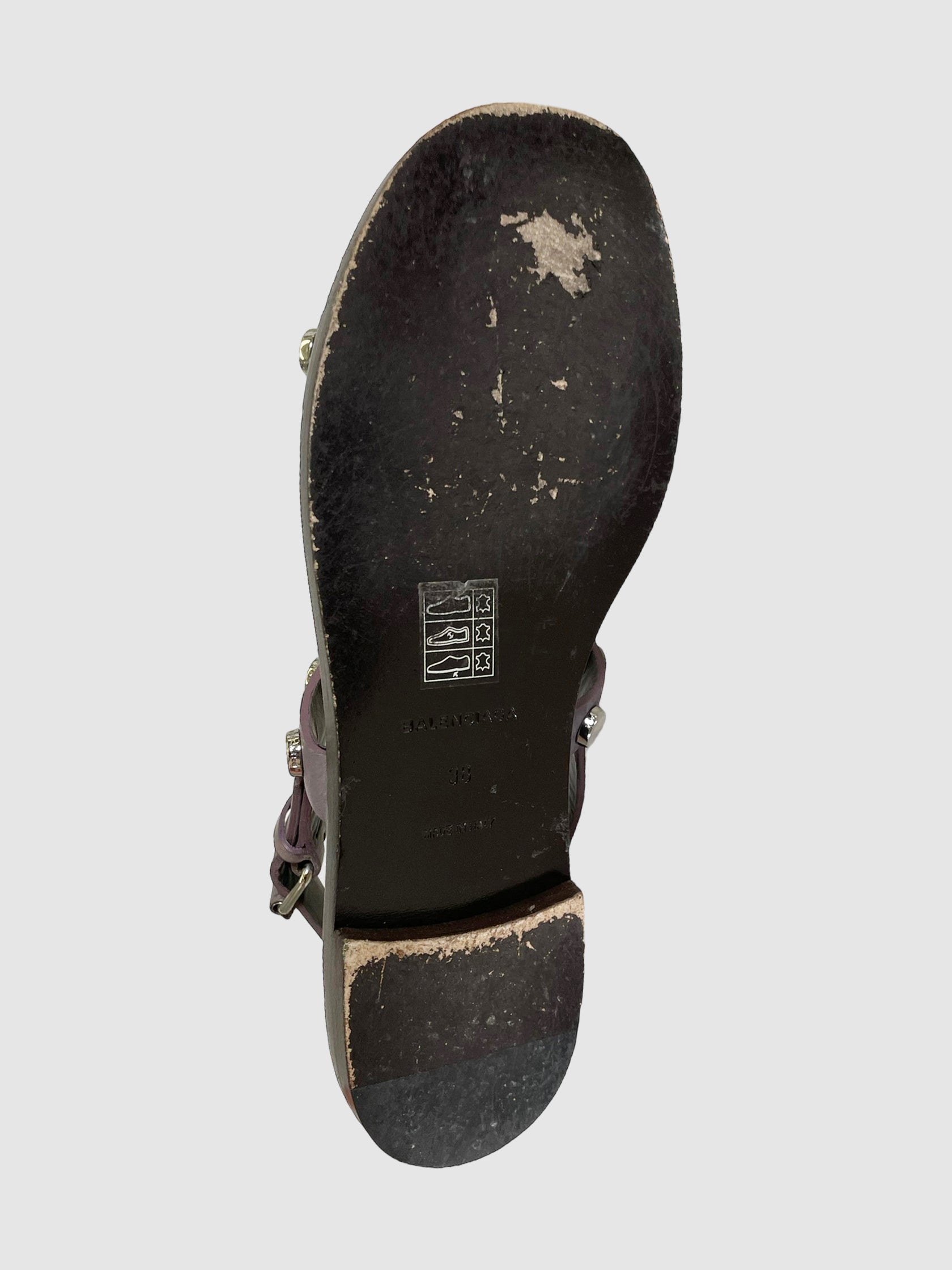 Balenciaga Leather Studded Accent T-Strap Sandals - Size 38