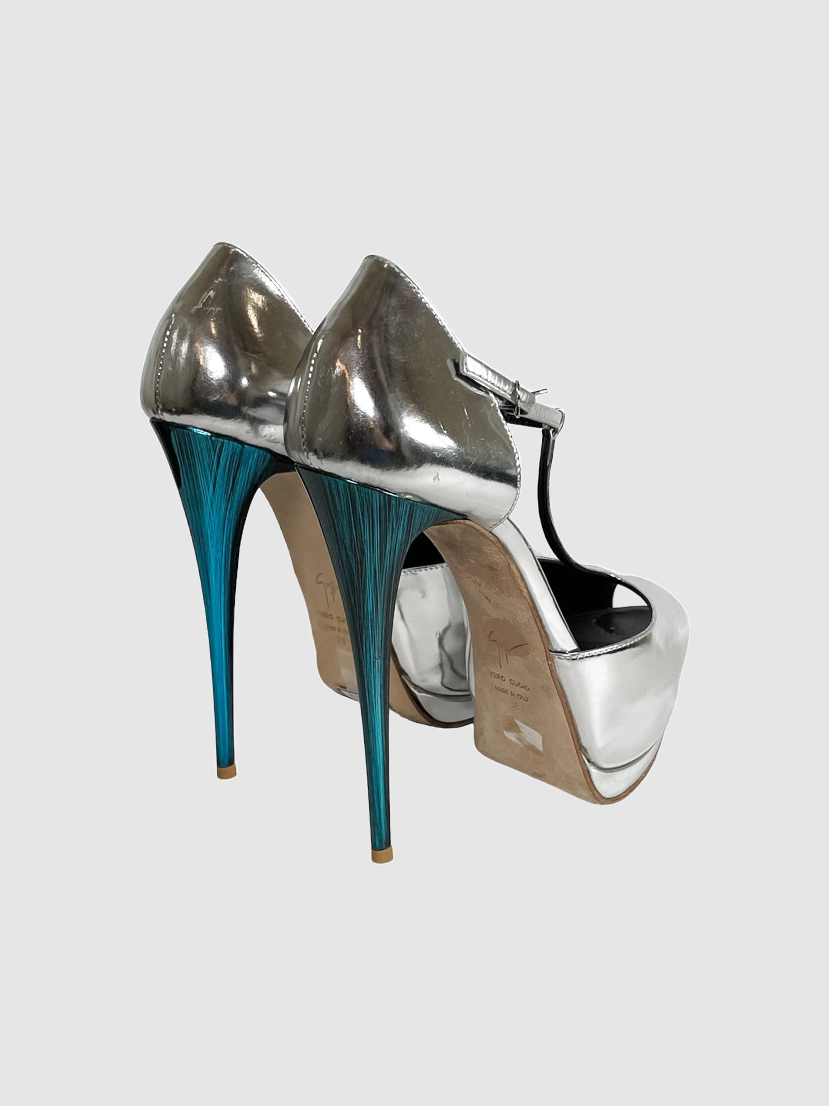 Giuseppe Zanotti Silver and Blue Platform Heels - Size 38