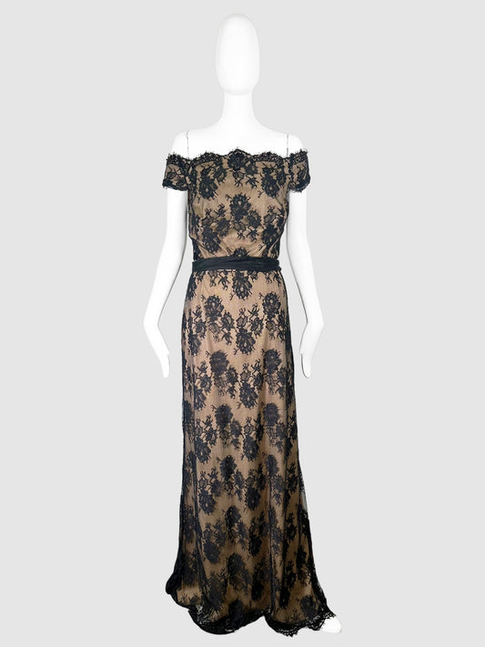 Tadashi Shoji Black Lace and Peach Lining Off-The-Shoulder Evening Maxi Dress with Tulle Belt Size 12 Consignment Secondhand Designer Luxury Resale Toronto Trendy